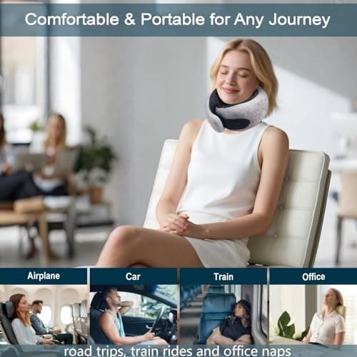 Travel Neck Pillow for Airplane, Memory Foam Neck Pillow with 360° Support, Adjustable Velcro, Breathable Washable Cover, Compact and Packable for Long Flights, Car, Train & Office,(Light Grey) - Thumbnail 4