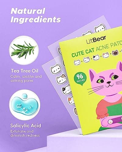 LitBear Acne Patch Pimple Patch, Cat Shaped Acne Absorbing Cover Patch, Hydrocolloid Acne Patches For Face Zit Patch Acne Dots, Tea Tree Oil & Salicylic Acid, 96 Patches, 12mm - Thumbnail 5