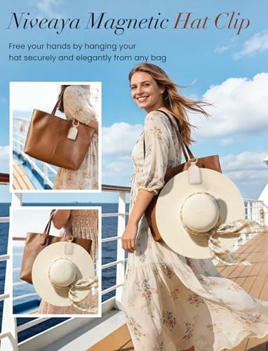 Niveaya Magnetic Hat Clip for Travel, Strong Magnet Holder for Hats, Chic Hands-Free Travel Essentials for Beach Cruise Vacation, Secures Hats on Tote Bags Purse Backpacks Luggage, 1-Pack Beige - Thumbnail 2