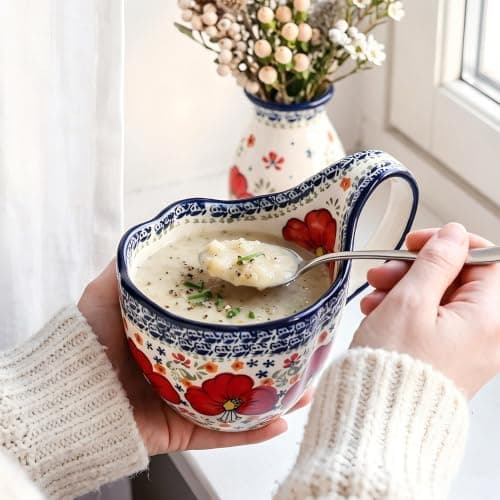 ALMA 2026 Updated Soup Bowls With Loop Handles Microwave & Oven Safe, 18oz Handpainted Flower Soup Mug for Women, Decorative Ceramic Cereal Bowls For Soup,Fruits,Stew,Ice cream,Snack-Red Lily Theme - Thumbnail 5