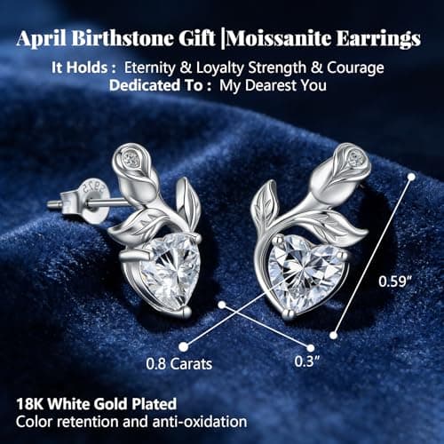 JACUPO 0.8CT Rose Heart Earrings Option of Sapphire Moissanite Stud Earrings Lab-Grown Earrings Birthstone Earrings for Women S925 Sterling Silver Post D Color VVS1 Clarity Ideal Gift for Wife Mother for Birthday Anniversary Mothers Day Gift for Mom Conveying I Love You Message (Apr Moissanite Silver) - Thumbnail 3