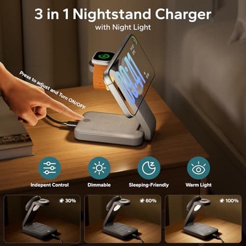 Eazpower 3 in 1 Foldable Wireless Charging Station for MagSafe, Nightstand Magnetic Charger Stand for iPhone 17 16 15 14 Pro Max, Travel Charging Dock with Night Light for Apple Watch/AirPods (Gray) - Thumbnail 2