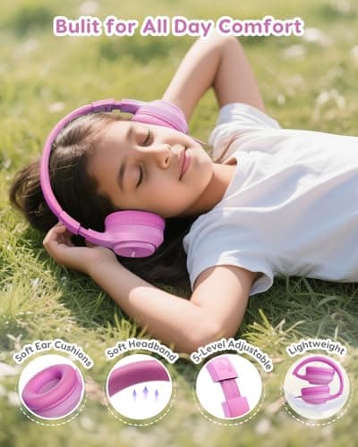awatrue Kids Headphones, 74/85/94dB Volume Limiter, Foldable Wired Over Ear Headphones for Travel, 3.5mm Jack, Toddler Headphones for School, Chromebook, iPad, Tablet, Pink - Thumbnail 3