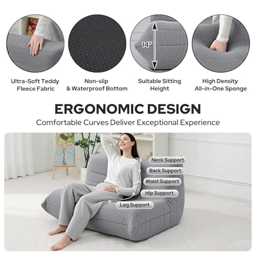 HABUTWAY Bean Bag Chairs Fireside Lazy Floor Sofa, Soft Teddy Fleece 2 Seater Sofa with High-Resilience Foam Filling，Beanbag for Living Room, Bedroom, Office (Light Gray Teddy) - Thumbnail 3