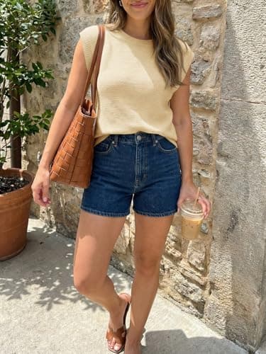 Saodimallsu Womens Cap Sleeve Sweater Tops Casual Crewneck Lightweight Knit Loose Summer Sleeveless Sweater Vest Apricot - Thumbnail 6