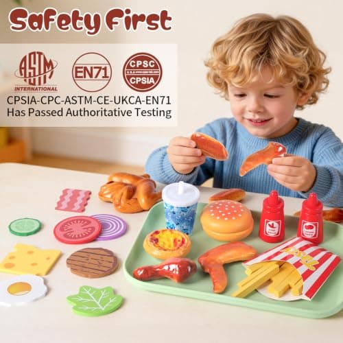 Wooden Play Food for Kids Kitchen Set with 10 Stacking Challenge Cards, 40+ Pcs Fake Fast Food Hamburger Toy with Roast Chicken & Play Money, Pretend Play Toys Birthday Gift for Toddlers Age 2-6 - Thumbnail 6