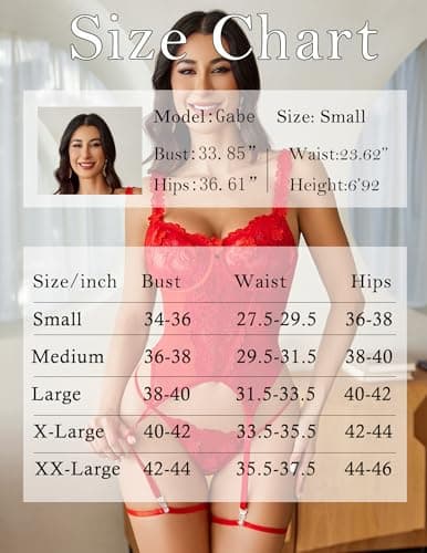 Avidlove Valentine Lingerie for Women 3 Piece Embroidered Lace Corset Lingerie with Garter Belt Red Medium - Thumbnail 6