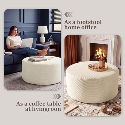 BSHOMGI Coffee Table 32”Ottoman for Couch Plush Corduroy Memory Foam Footstool Cloud Boneless Sectional for Living Room Round Side Table Cushiong No Assembly Makeup Desk (Beige, 32") - Thumbnail 3