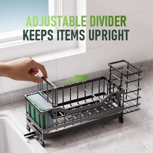 Sponge Holder for Kitchen Sink, Kitchen Sink Caddy with Long-Handled Dish Brushes Holder, 304 Rustproof Stainless Steel Countertop Organizers and Storage, Home Kitchen Sink Accessories (Black) - Thumbnail 6