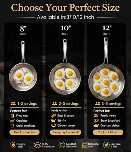 Lebof 8 Inch Stainless Steel Pan, 5-Ply Clad Base for Even Heating, 800℉ Oven Safe Frying Pan, Premium Cookware for Induction, Gas & Electric - Thumbnail 4