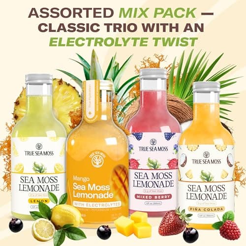Sea Moss Lemonade Variety Pack – 4 Flavors Sampler: Lemon, Mango with electrolyte, Berry, Pina Colada – Vegan Hydration Drink – 4 x 12 fl oz Bottles – Made in USA - Thumbnail 3