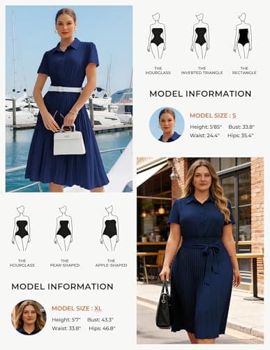 GRACE KARIN Women's 2026 Summer Midi Work Dress Short Sleeve Button Shirt Dresses A Line Pleated Belt Business Casual Dresses Navy Blue L - Thumbnail 4