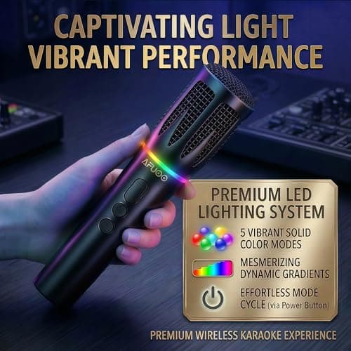AFUOO Rechargeable Wireless Microphones & Bluetooth Dual-Mics Receiver for Karaoke, Singing, Speech, DJ, 24H Battery, 200ft, RGB Light, Wireless Microphone Set for Mic/Aux/USB Port (Dual Mic, Black) - Thumbnail 4