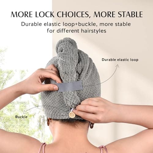 YFONG 3 Pack Large Microfiber Hair Towel Wrap, 30" x 10" Anti Frizz Quick Dry Hair Towels for Women Long, Curly, Thick Hair, Super Absorbent Hair Turban for Wet Hair (Grey, White, Camel) - Thumbnail 3