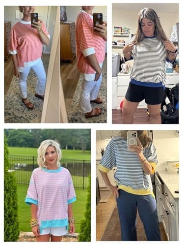 XINWEIZZ Oversized T Shirts for Women Casual Short Sleeve Striped Knit Shirt Crewneck Sweatshirts High Low Loose Blouse Tops - Thumbnail 5