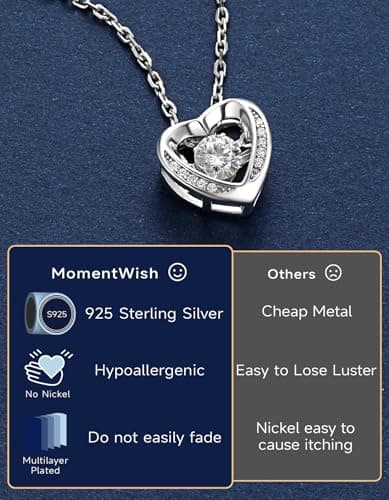 MomentWish Dancing Heart Necklace for Women, 0.5 Dancing Moissanite Necklace for Her, 925 Sterling Silver Pendant Anniversary Birthday Christmas Gift for Wife Mom Girlfriend-Heart - Thumbnail 5