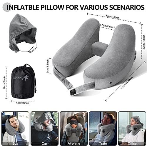 Sunany Neck Pillow for Travel Inflatable Airplane Pillow Comfortably Supports Head,Neck and Chin,Inflatable Travel Pillow with Soft Velour Cover,Hat,Portable Drawstring Bag (Grey) - Thumbnail 3