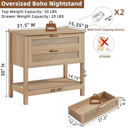 LEYAOYAO 31.5" Wide Rattan Night Stand, Oversized Large Boho Nightstand with 2 Drawer, Natural Wood Bed Side End Tables with Storage Shelf, Tall Bedside Table for Bedroom Living Room, Hallway - Thumbnail 2