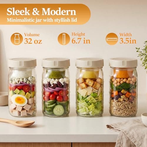 Xelyra Glass Salad Jar 4 Pack 32oz with Lids for Meal Prep, Salad Container for Lunch, Jars with Dressing Cup, Mason Container, Meal Prep Jars - Thumbnail 2