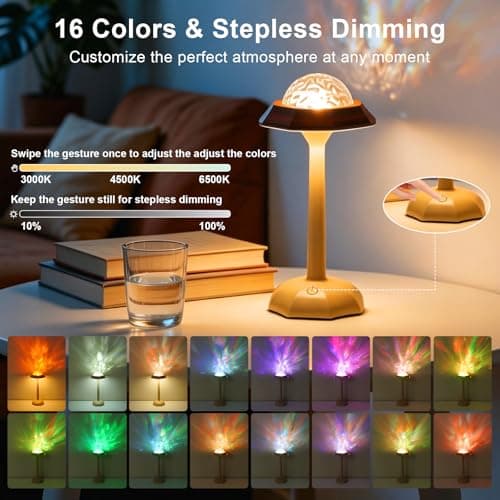 DEXULESA Rechargeable Table Lamp with Remote Control, 16 Color Changing LED Night Light with Water Ripple Projection, Adjustable Brightness for Bedroom, Office, Home Decor - Thumbnail 2