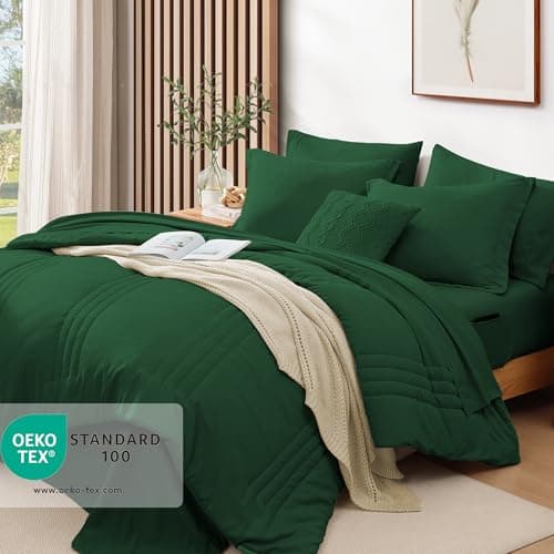 Monbix King Size Comforter Set - 7 Pieces Bed in a Bag King, Emerald Green Bedding Sets with Comforter, All Seasons Comforter Bed Set with Sheets, Pillowcases & Shams - Thumbnail 2