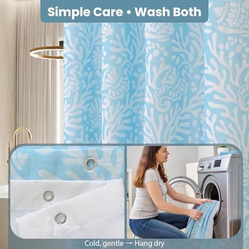 Drifted Root Coastal Loft Series Matelassé Jacquard Shower Curtain, Soft Touch, Metal Hooks, Detachable Liner & Weighted Magnets, Water-Repellent Bath Curtain (Ocean Mist Blue, 72"W x 84"L(Pack of 1)) - Thumbnail 4