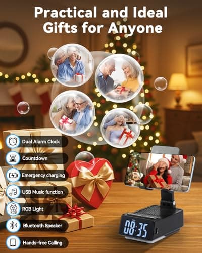 Father's Day Gifts for Dad, Birthday Gifts for Men, 7 in 1 Phone Stand Bluetooth Speaker with Alarm Clock, Wireless Charger, Light, USB Playback & Hands-Free Calling - Thumbnail 2