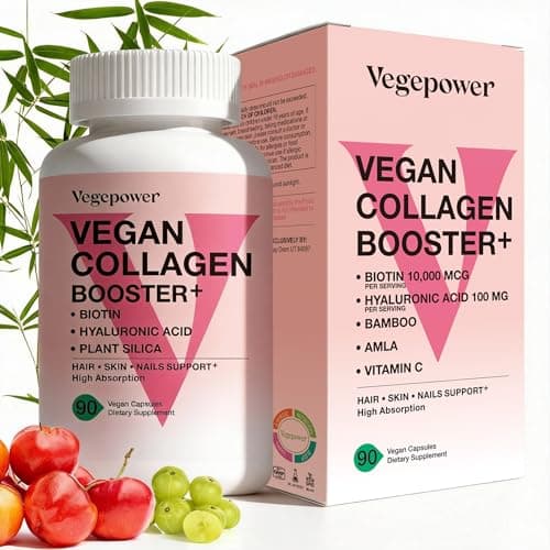 VEGEPOWER Vegan Collagen Booster with Biotin 10,000 mcg, Hyaluronic Acid, Bamboo Silica, Vitamin C & Zinc, Plant Based Hair Skin & Nails Support for Women & Men, 90 Vegan Capsules