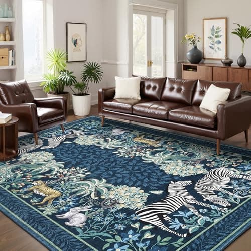 GarveeHome Zebra Teal Washable Rugs 9x12 for Living Room Vintage Jungle Woodland Forest Safari Animal Print Rug Low Pile Botanical Kids Rugs for Playroom Kitchen Nursery Room - Thumbnail 3
