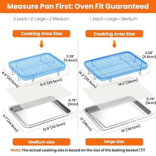 Xumilas Air Fryer Basket for Oven, 2 Set Stainless Steel Pan & Crisper Tray (15"x11" &12.8"x9.7") with 60 Parchment Papers, Family-Size Non-Stick Oven Basket for Baking Chicken, Fries, Dishwasher Safe - Thumbnail 3