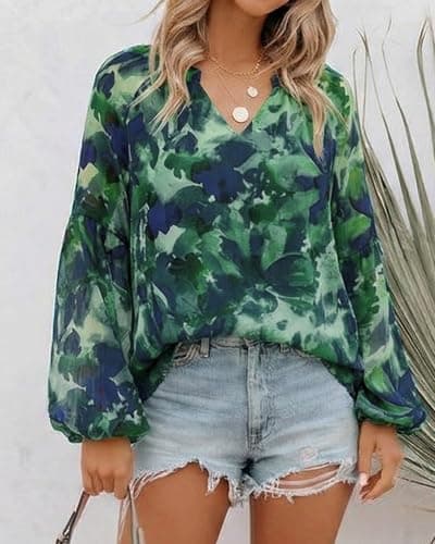 BTFBM Blouses for Women Dressy Casual Floral Summer Boho Tops V Neck Lightweight Long Sleeve Shirts Fall Clothes 2026(Print Green, XX-Large) - Thumbnail 2