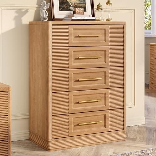 RECHHX Farmhouse 5 Drawers Dresser for Bedroom, 44" Tall Modern Chest of Drawers, Wooden Thermoformed Curved Dresser Organizer for Bedroom, Living Room, Natural Oak - Thumbnail 4