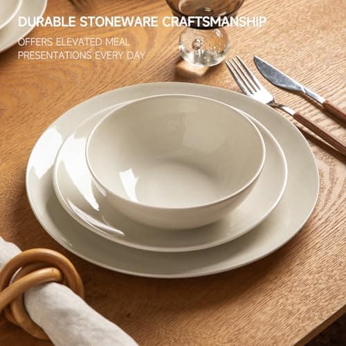 ALOFMO Ceramic Dinnerware Sets for 4,12 Pieces Plates and Bowls Sets, Plates Pasta Bowls Soup Bowls, Modern Stoneware Dishes, Reaction Glaze (White) - Thumbnail 4