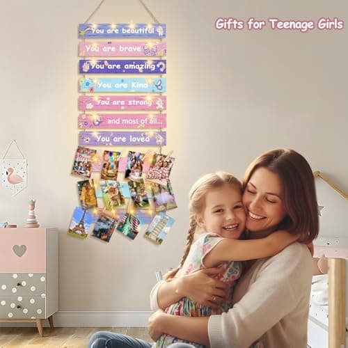 Homecor Pink Hanging Photo Display Wall Decor with 8 Lighting Modes, Printed Inspirational Quotes & Unicorn Butterfly Patterns, Teen Girls Bedroom Decor, Birthday Gift for Teenage Girls - Thumbnail 3