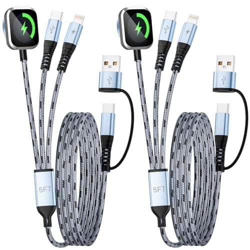 Jogrytece Multi Charging Cable, 5FT 2Packs 3 in 2 Chargers for Multiple Devices, Travel Essentials USB A&C/Type-C/IP Cord Compatible with iWatch/iPhone 17-11/Car - Image 1