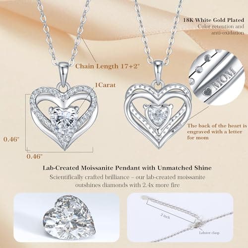 JACUPO 1CT Double Heart Moissanite Necklace for Women S925 Sterling Silver 18K White Gold Plated Jewelry for Mother Love Friend Mother’s Day Birthday Gift for Her 18inch (for Mom) - Thumbnail 3