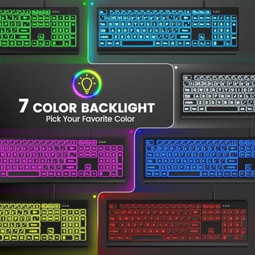 SABLUTE K11PRO Large Print Backlit Keyboard, 3X Larger Font Wired USB Lighted Computer Keyboard with 7-Color LED Illuminated Keys, Desktop Workstation Keyboard Compatible for PC Laptop Windows - Thumbnail 2