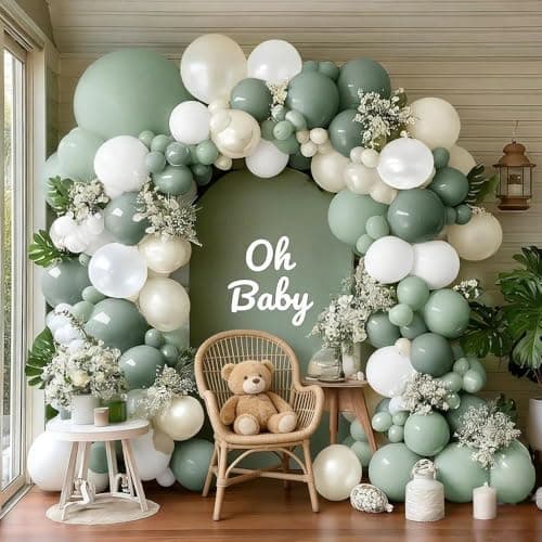Sage Green White Balloon Garland, Double Stuffed Dusty Green Sand White Pearl Balloons Pastel Balloon Arch Kit for Baby Shower Birthday Bridal Wedding Gender Reveal Graduation Party Decorations - Thumbnail 2