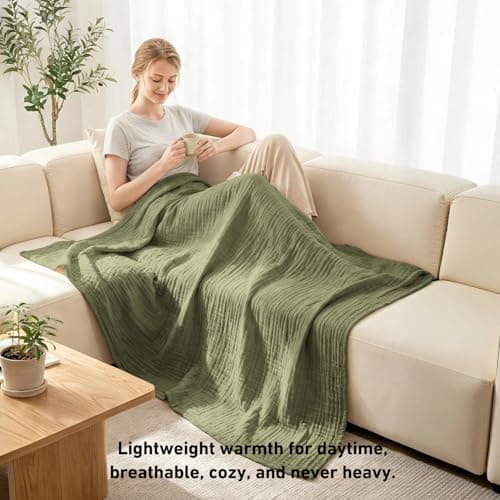 Corizei 100% Cotton Muslin Blankets for Adults Moss Green, 6-Layer Lightweight Large Throw Blanket for Couch, Pre-Washed Breathable Gauze for Bed Layering, All Season Comfort, Olive, 50"x70" - Thumbnail 4