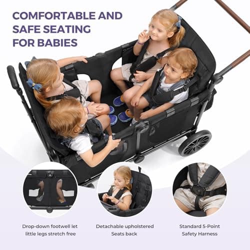 ELEMARA Wagon Stroller 4 Seater, Premium Stroller Wagon for 4 Kids, Foldable All-Terrain Wagon for Kids with Canopy, Adjustable Push/Pull Handles,Convertible High Seat&Organizer, Black - Thumbnail 5