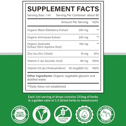 Cofure Zinc Quercetin Vitamin C D3 Liquid Immune Support with Organic Echinacea Elderberry, Immune Defense Drops Supplement for Adults- Vegan, Non-GMO, Gluten Free - 2 Fl Oz, 60 Servings - Thumbnail 2