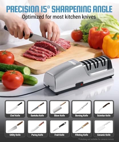LEFUGO Electric Knife Sharpener for Kitchen Knives, Detachable Sharpening Head, 3-Stage Knife Sharpener Electric, 100% Diamond Abrasive, 15-Degree Precision Angle, Fast Sharpening, Polish (Silver) - Thumbnail 4