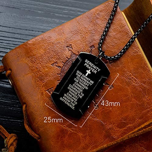 Rehoboth Men's Stainless Steel Dog Tag Bible Verse Serenity Prayer Cross Pendant Necklace for Men Women 24 Inch Chain Black - Thumbnail 3
