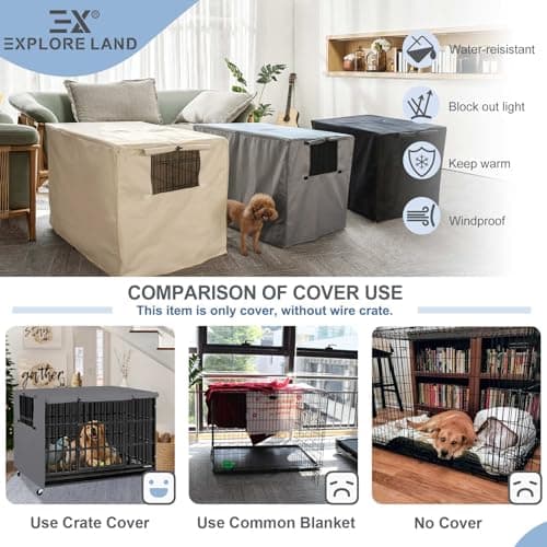 Explore Land Dog Crate Cover Heavy Duty Polyester Pet Kennel Sunshade Universal Fit for 36 inches Wire Cage (Grey) - Thumbnail 5