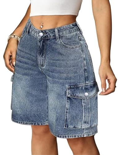 Eddoyee Baggy Bermuda Cargo Jorts for Women Y2K Long Knee Length Stretchy Denim Jean Shorts Casual Outfits with 6 Pockets(Gray Blue, Small) - Image 1