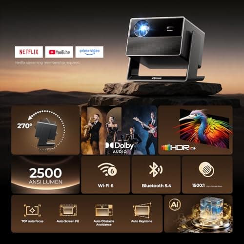 ELEPHAS Smart 4K Projector with WiFi and Bluetooth - Compatible with Netflix/Prime Video/YouTube, 270° Rotatable, AI Auto Focus & Keystone, Portable Home Theater Movie Projector for Indoor Outdoor - Thumbnail 2