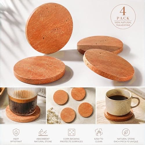 Natural Travertine Stone Coasters Set of 4 with Cork Backing – 4” (10cm) Round Absorbent Drink Coasters, Non-Slip Coffee Table Protectors, Rustic Farmhouse & Modern Décor, Gift-Ready - Thumbnail 3