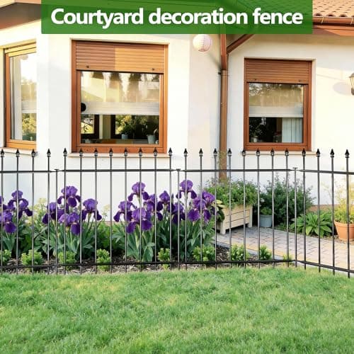 Decorative Metal Garden Fence，(12 Panels+ 13 Posts), 24 ft(W) x 24 in(H), High Metal Border Fence, Classic Roman Column Decoration, Garden and Lawn Landscape Fence, Black Animal Fence - Thumbnail 6