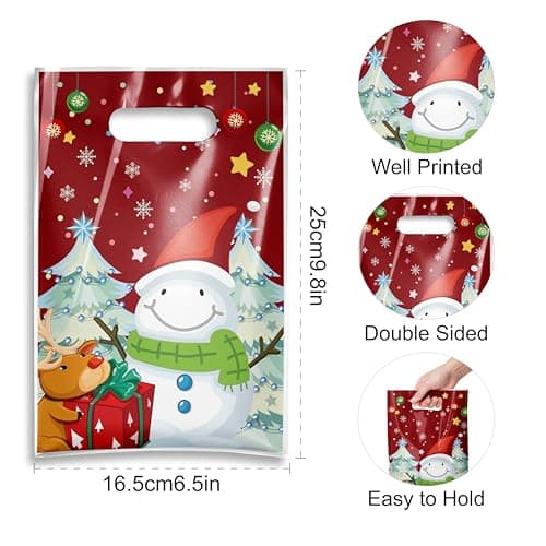 TESKEUP Christmas Gift Bags with Handles - 100 Pcs Christmas Treat Goodie Bags, Plastic Small Xmas Favor Bags Bulk for Candy Cookies Snacks Xmas Holiday Party Favors Supplies - Thumbnail 3