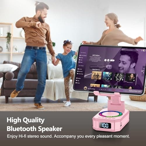 Gifts for Women, Phone Stand with Wireless Bluetooth Speaker and Anti-Slip Base, Gadgets for Anniversary Idea Gift, Phone Charger Stand with LED Lights, Kitchen Gadget Compatible with IOS Android - Thumbnail 4